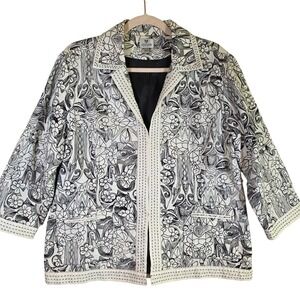 CHICO'S Size 2 M Black Ivory Artsy Jacket Three Quarter Sleeve Statement Boho
